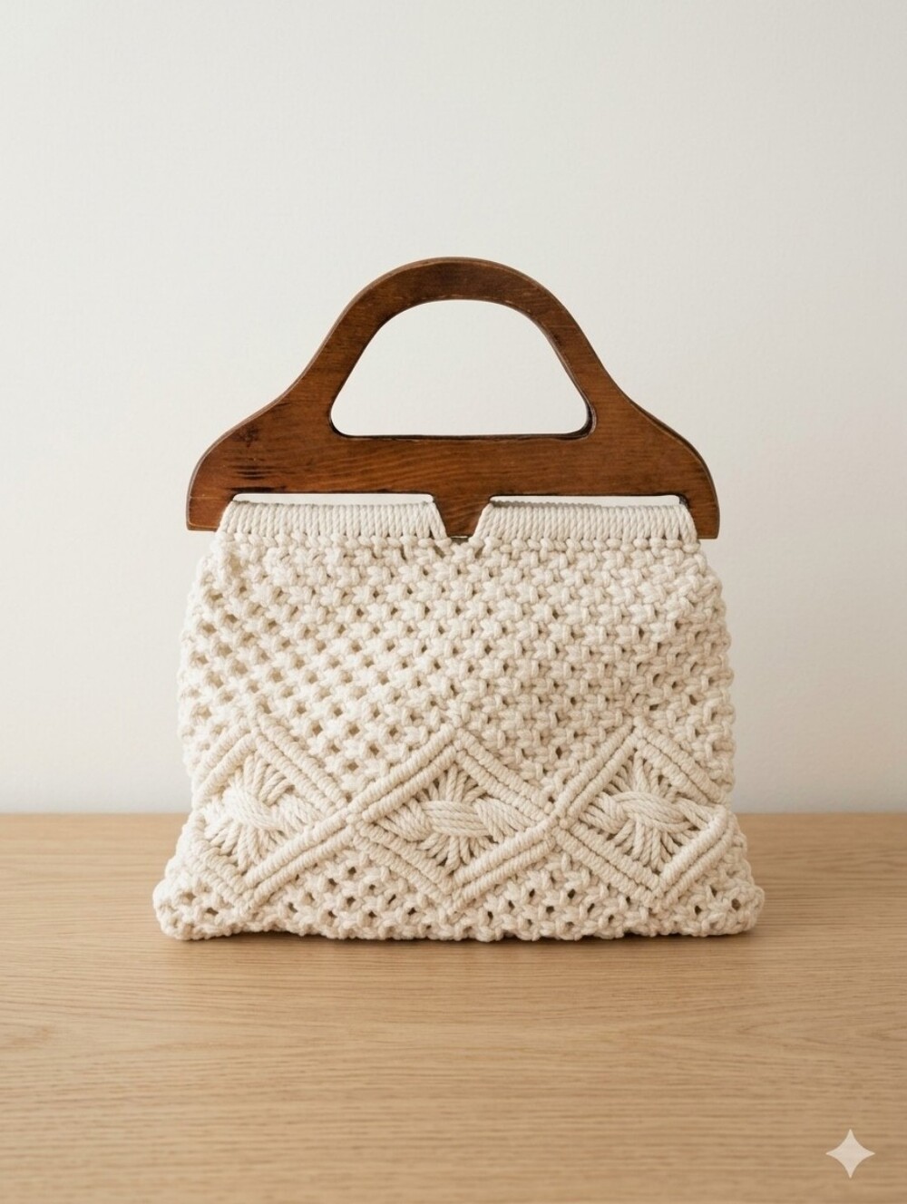 Vintage Macramé Handbag with Wooden Handle – Handmade Boho Style